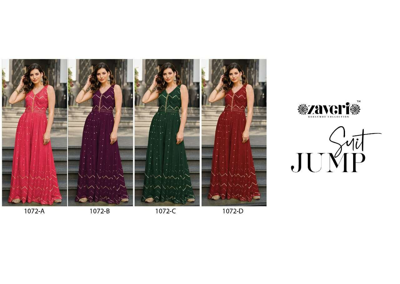 JUMPSUIT COLOR ED - 2 NX BY ZAVERI BRAND PRESENTS CHINON DESIGNER JUMPSUIT WITH EMBROIDERY WORK FRONT AND BACK WITH ATTACHED SLEEVES FABRIC-INDEX